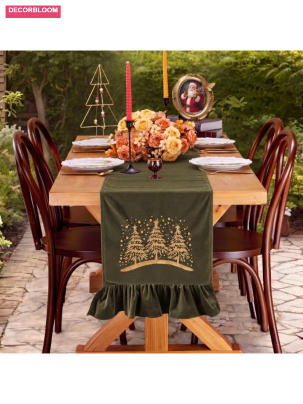 Velvet Table Runner Ruffled Embroidered Tree 13x72 - Picture 3 of 6